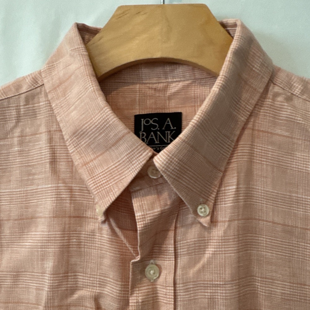 Jos A Bank Travelers Mens XL Orange Linen Plaid Short Sleeve Button Down Shirt